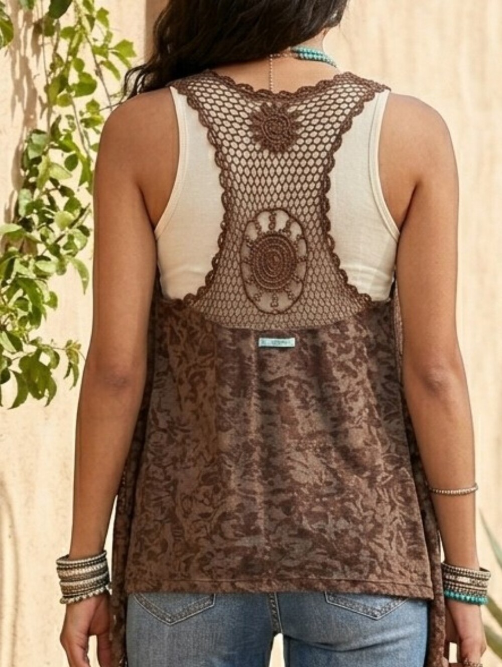 Brown Crotchet Lace Back, Open Front Layering Vest Shrug Boho Cottagecore Chic